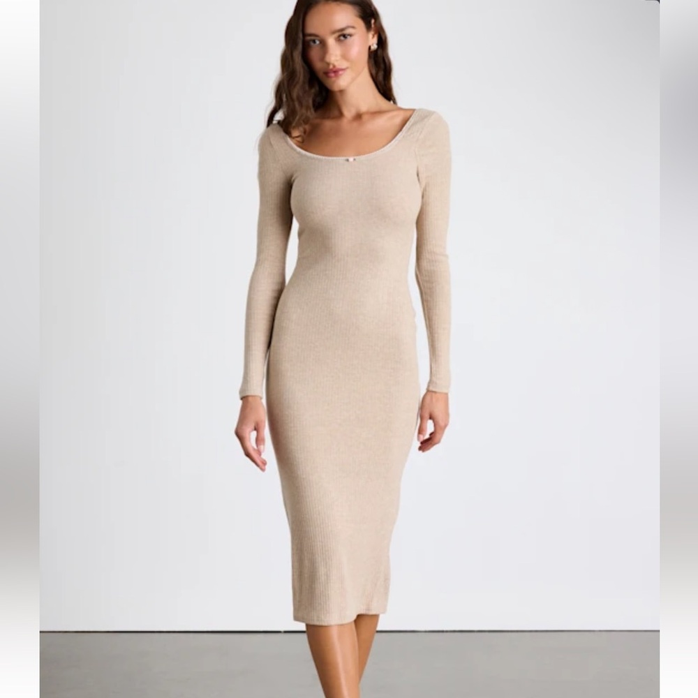 Lulus Heather Beige Ribbed Long Sleeve Midi Dress Size Large